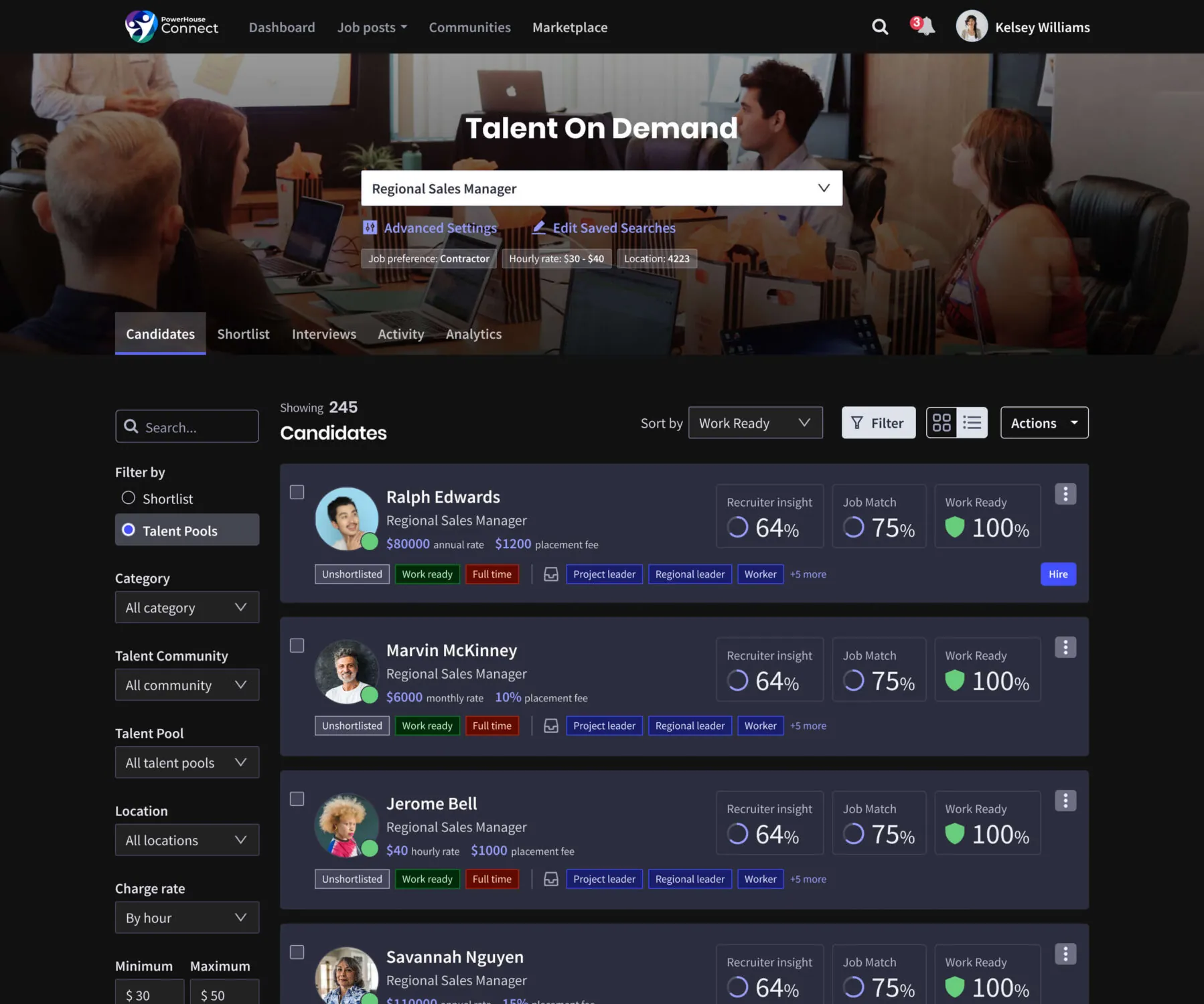 The platform's Talent On Demand view — a recruiter searching a role and seeing ranked candidates with Job Match and Work Ready scores.